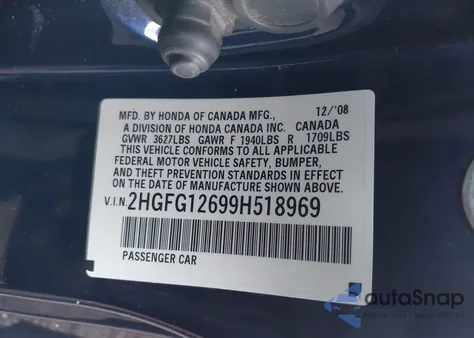 2009 Honda Civic Lx из США, поврежденный, VIN 2HGFG12699H518969